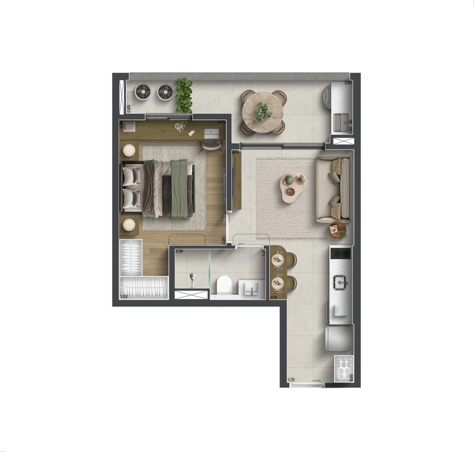 Planta humanizada 1 dormitório — 41,72 m²
